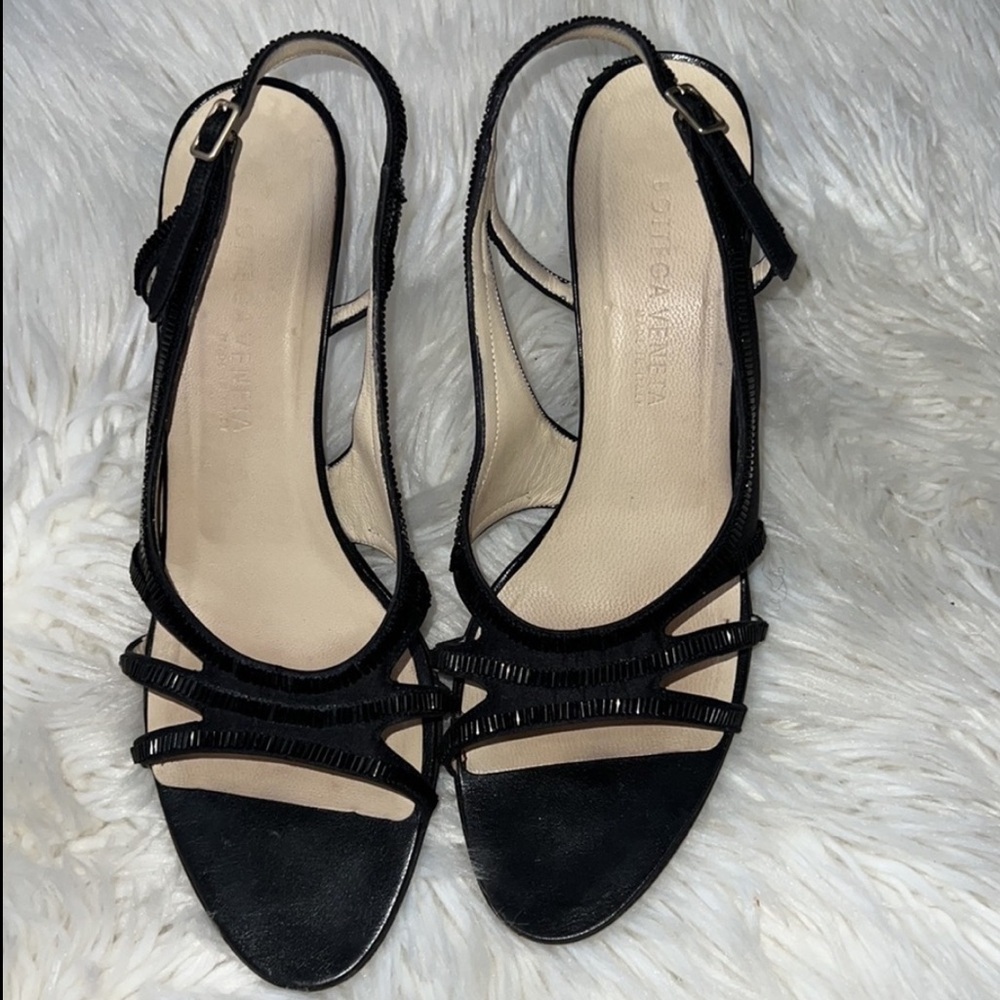 BOTTEGA VENETA Black Satin and Leather Slingback Heels - Picture 6 of 16